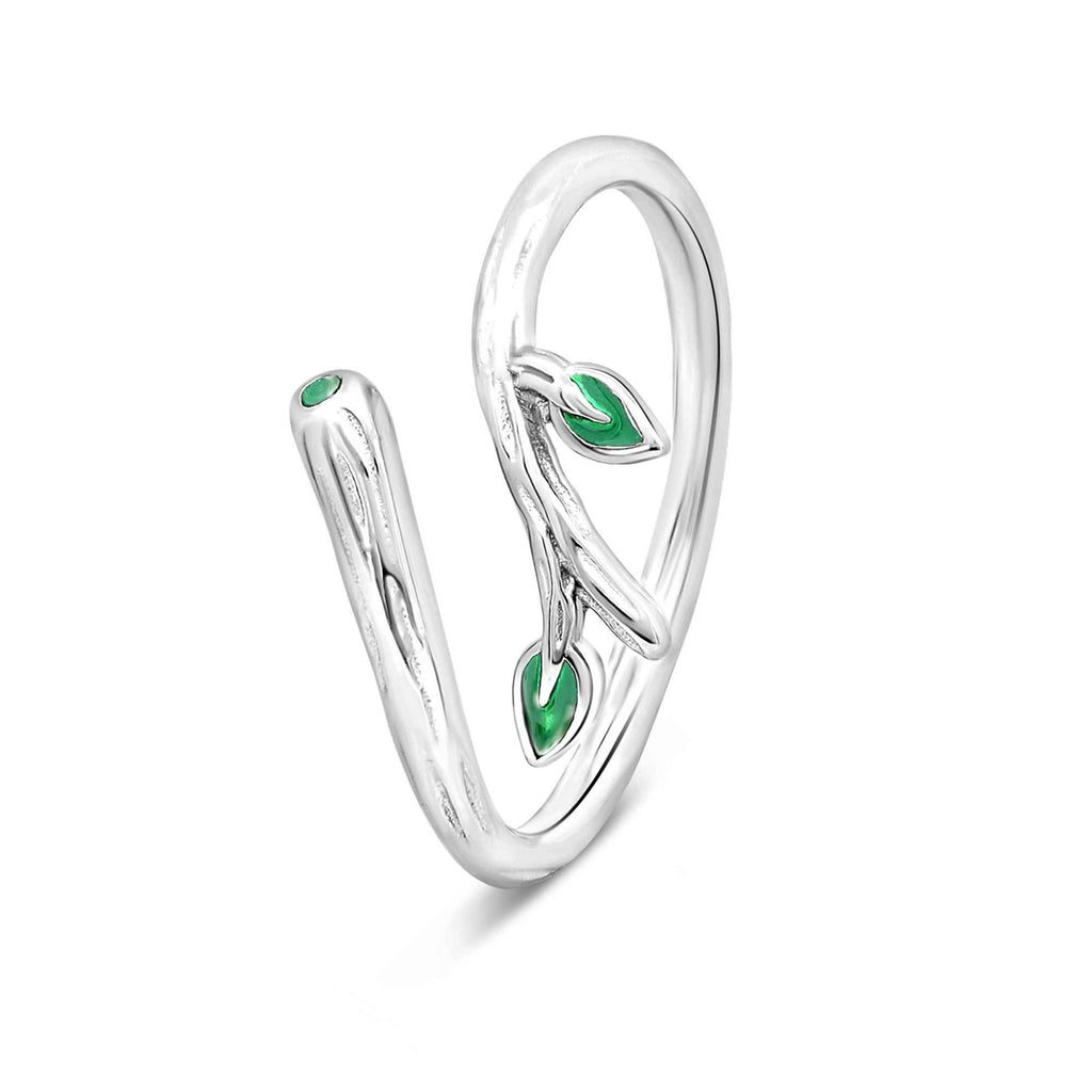 Satinski silver branch green olive leaf adjustable ring