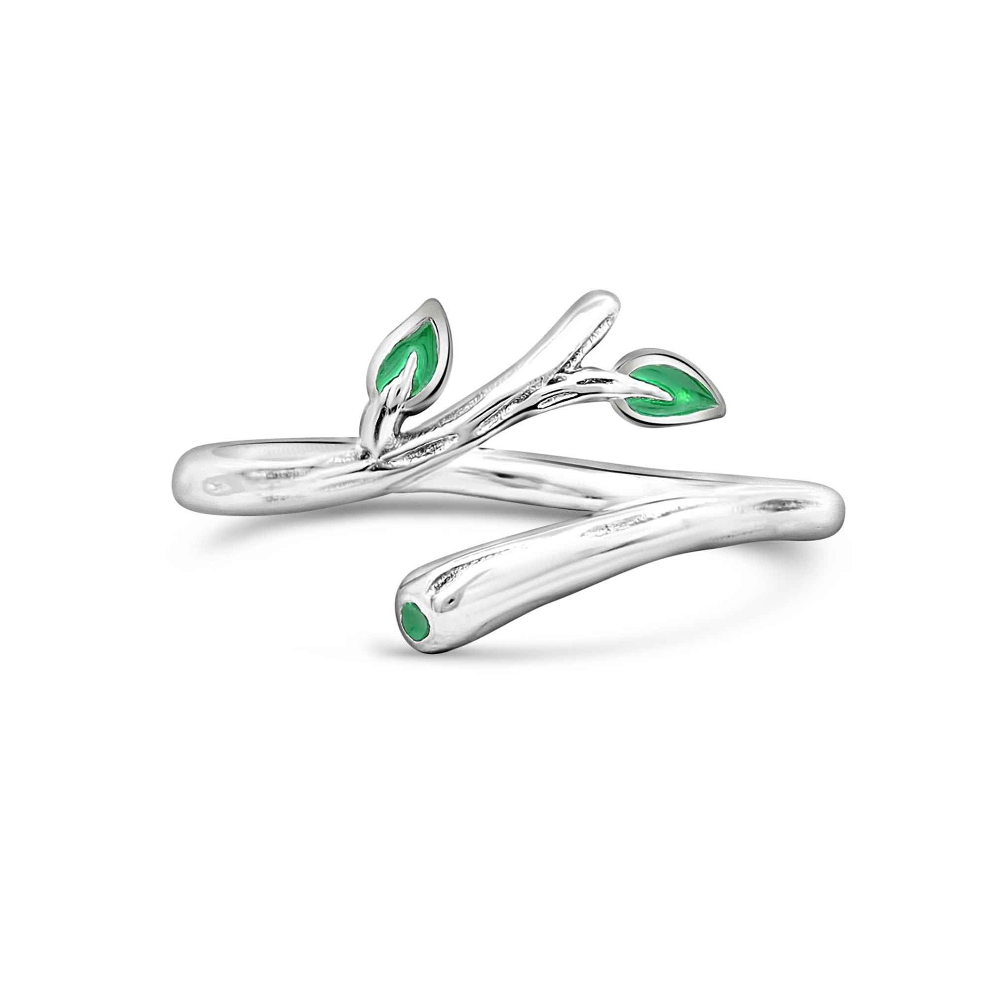 Satinski silver branch green olive leaf resizable stacking ring