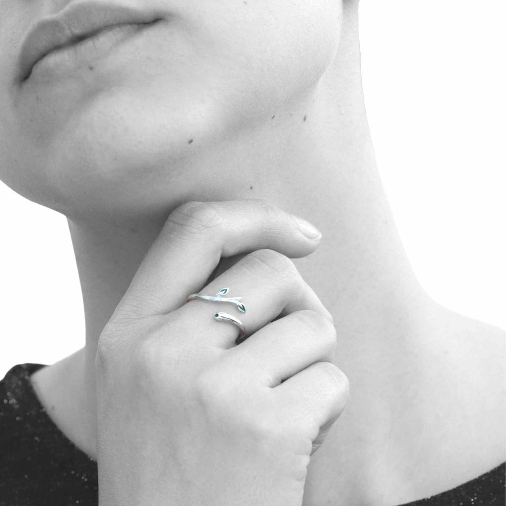 Satinski silver branch green olive leaf adjustable ring