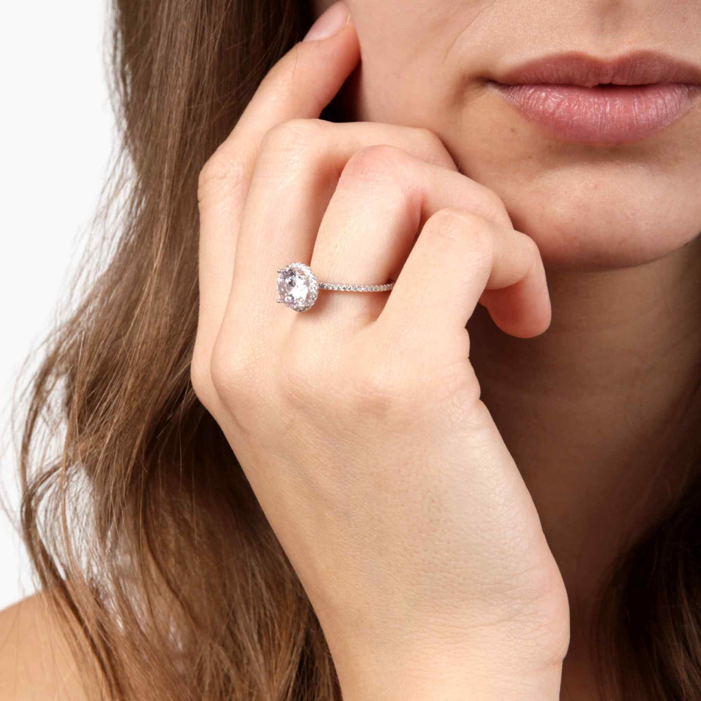 Satinski silver solitaire round crystal elegant pave ring