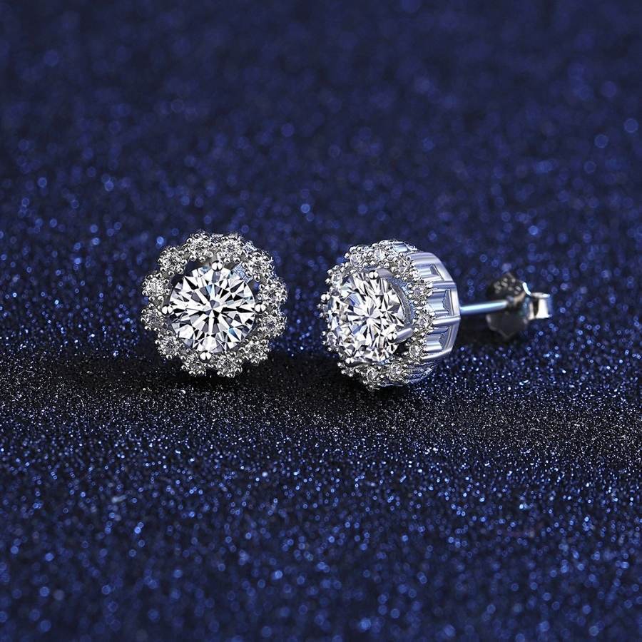 Satinski 1 Carat moissanite silver crystal flower stud earrings