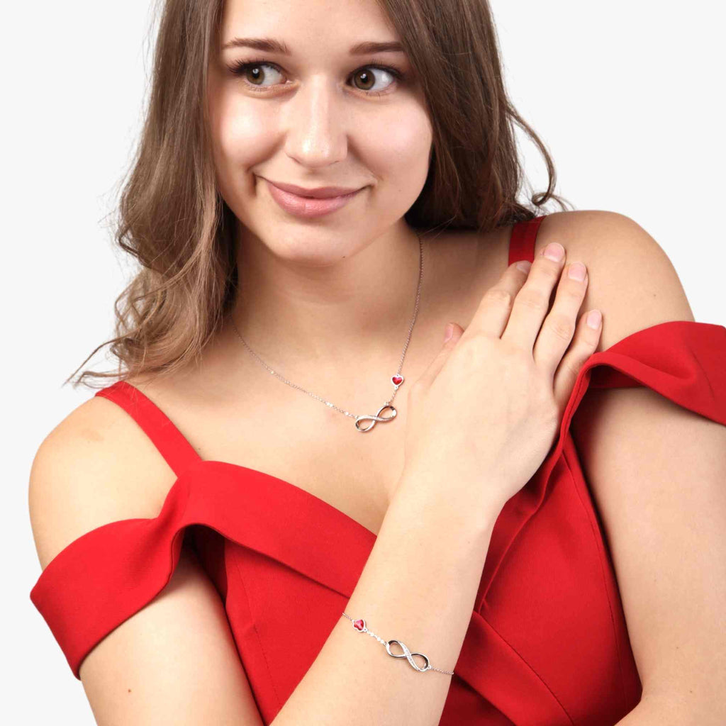 Satinski silver crystal heart & infinity bracelet and necklace set with Swarovski crystals