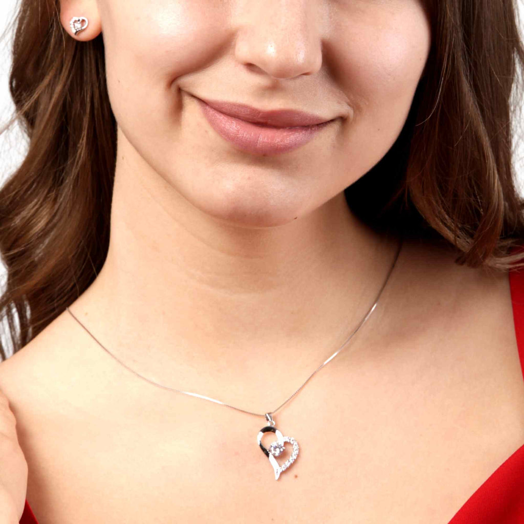 Satinski silver crystal heart earrings necklace set