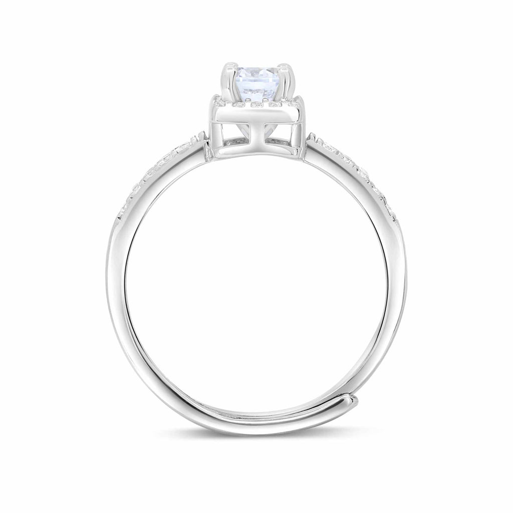 Satinski silver solitaire crystal square resizable engagement ring