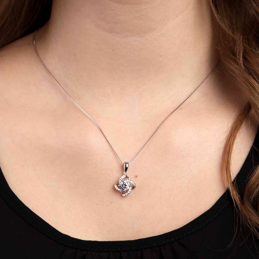 Satinski silver solitaire cloverleaf crystal pave flower pendant necklace
