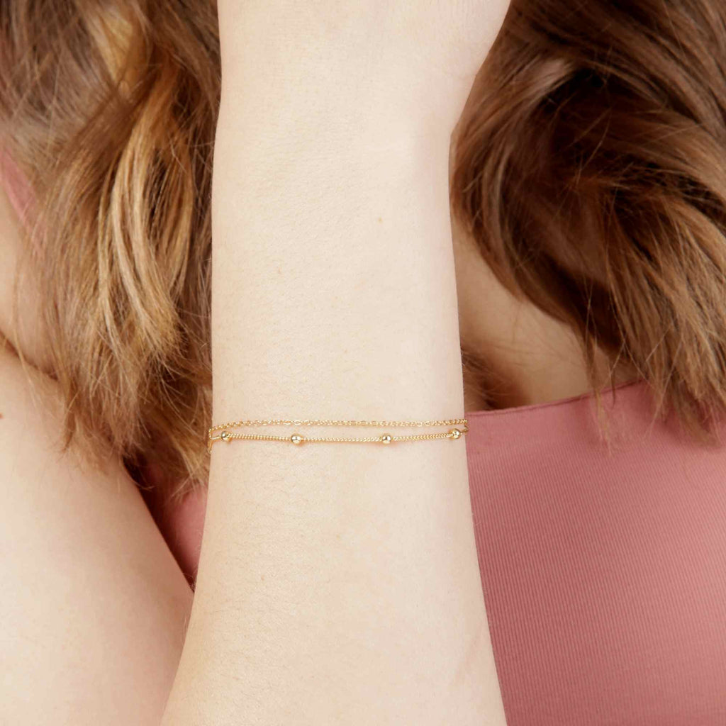 Satinski silver gold-plated bead curb & cable double chain bracelet