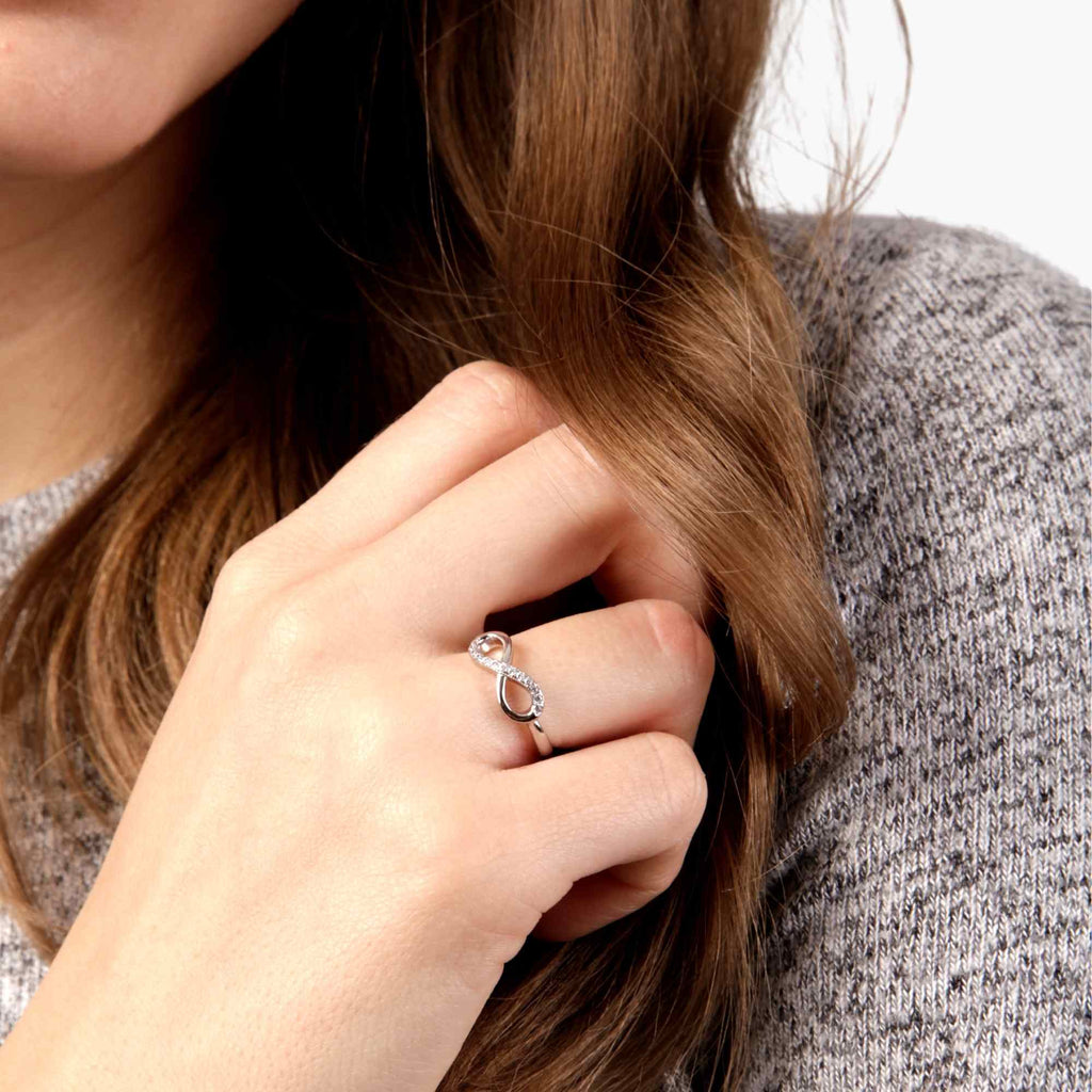 Satinski silver infinity delicate crystal resizable stacking ring