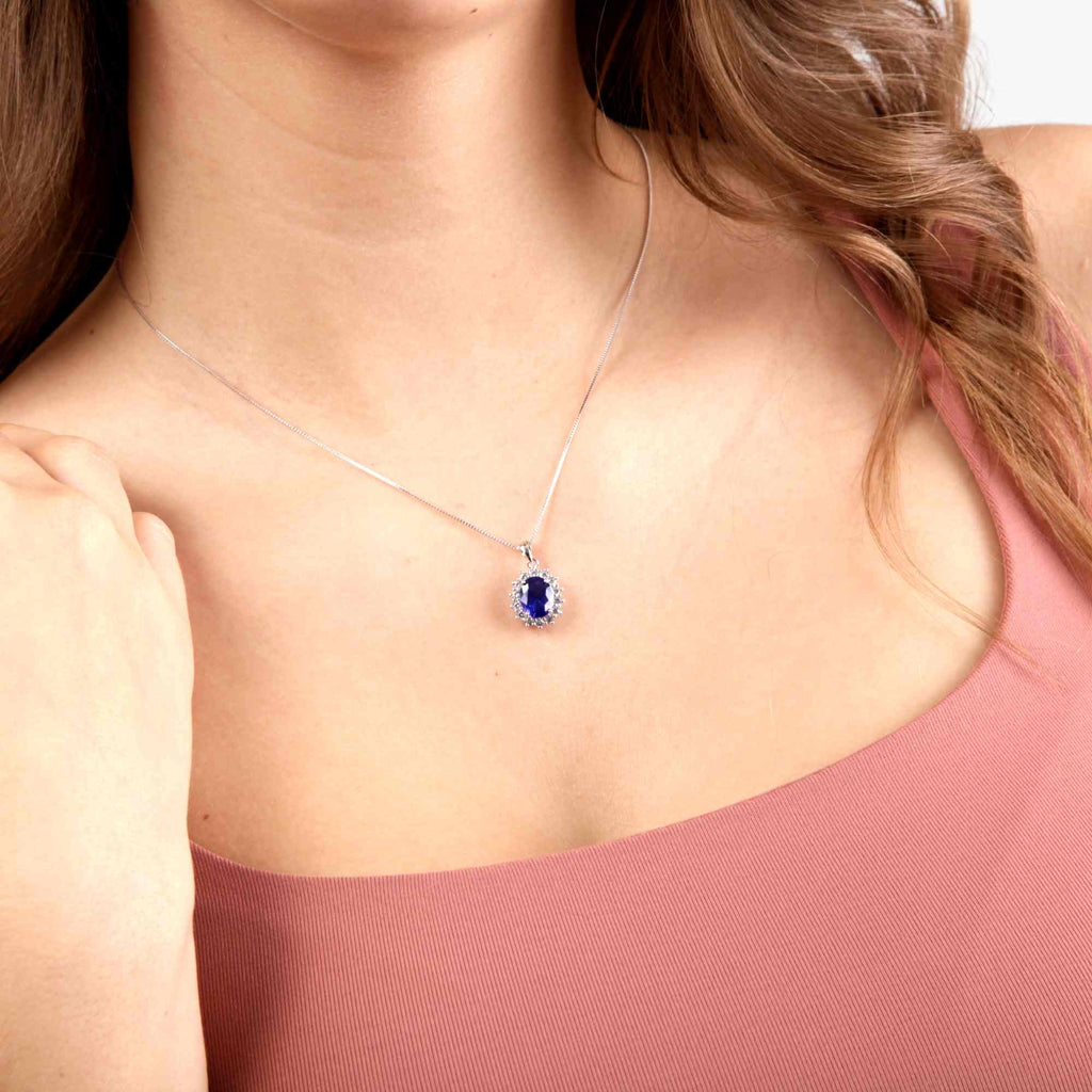 Satinski silver necklace with crystal flower blue sapphire pendant