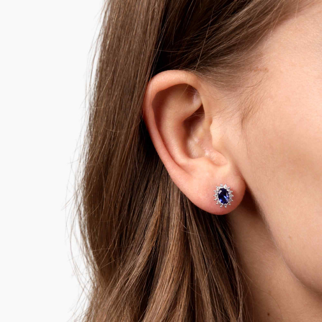 Satinski blue sapphire flower silver stud earrings