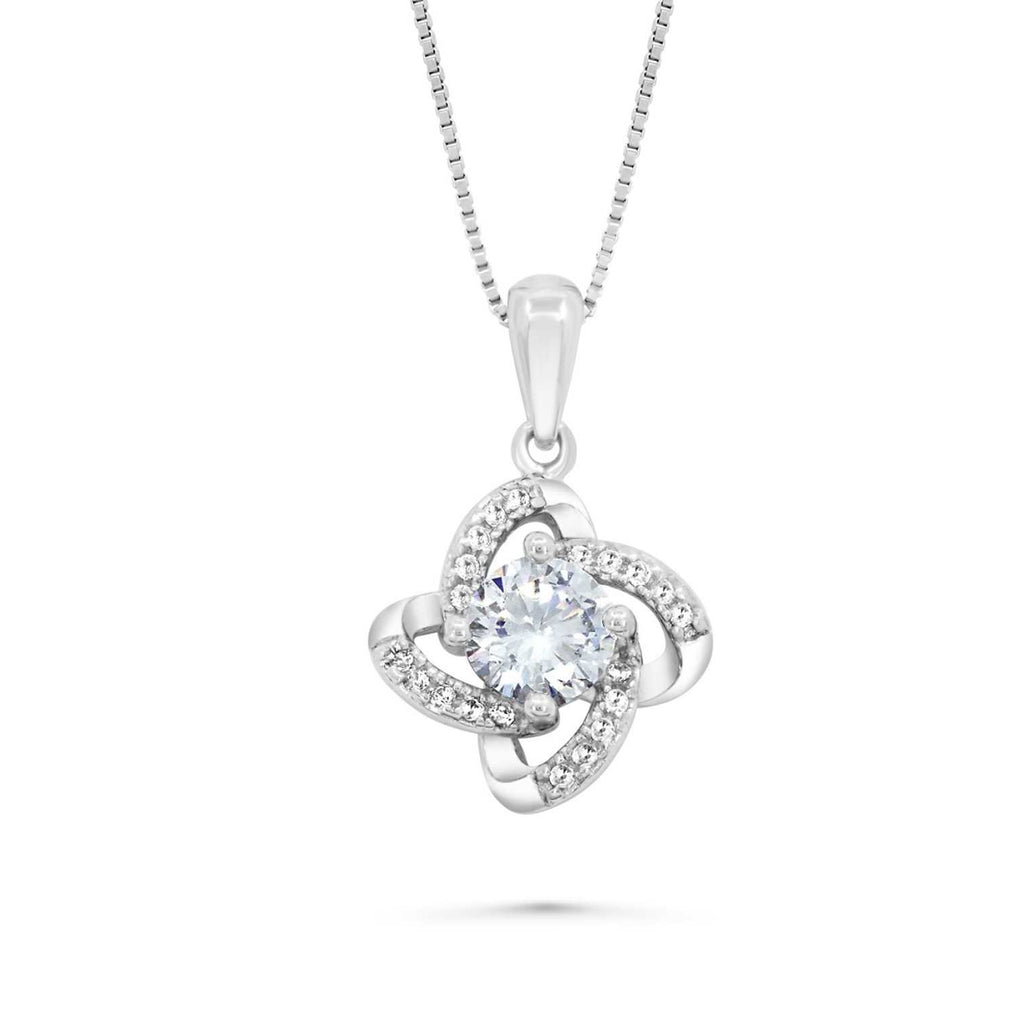 Satinski silver solitaire cloverleaf crystal pave flower pendant necklace