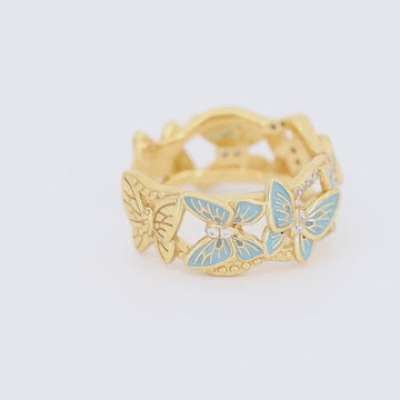 Satinski butterfly 18k gold-plated silver blue adjustable crystal open ring